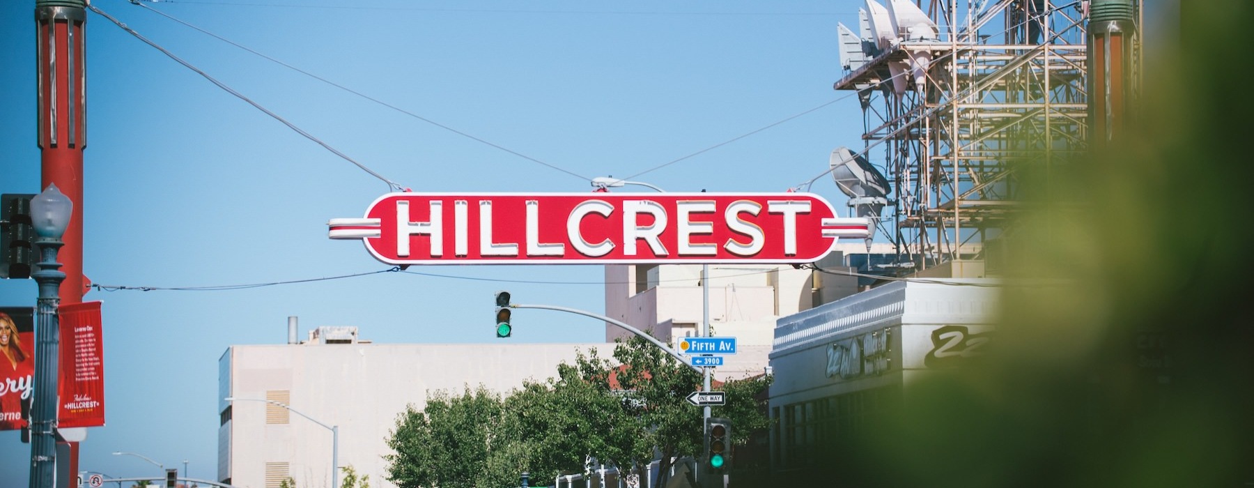 a city with a large sign