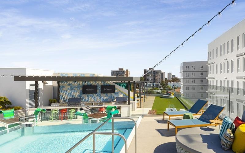 a swimming pool in a courtyard