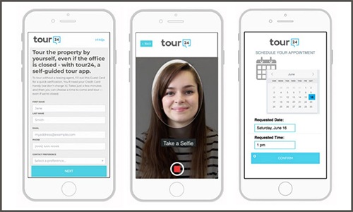 Three animated phones displaying the tour24 app showing account creation, selfie, and calendar abilities